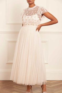 Rococo Bodice Ankle Gown – Champagne | Needle & Thread Lace Bodice Floor-length Gown For Prom Season, Floor-length Lace Bodice Gown For Prom, Floor-length Floral Ball Gown For Parties, Sheer Bodice Floor-length Gown For Prom, Floor-length Ball Gown With Sheer Bodice, Floor-length Gown With Sheer Bodice For Prom, Floor-length Tulle Gown With Floral Embroidery, Maxi Length Tulle Wedding Gown, Floor-length Floral Embroidery Prom Dresses