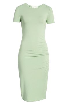 This soft stretch-jersey dress is cut with a simple silhouette and ruched on one side, creating a minimalist look. 42 1/2" regular length (size Medium); 47" plus length (size 3X) Slips on over head Crewneck Short sleeves Unlined 76% polyester, 19% rayon, 5% spandex Machine wash, tumble dry Imported When you buy Treasure & Bond, Nordstrom will donate 2.5% of net sales to organizations that work to empower youth This product meets Nordstrom Give Back criteria: A portion of the proceeds benefits pe Casual Ruched Bodycon Midi Dress, Casual Fitted Ruched Midi Dress, Short Sleeve Ruched Elastane Dresses, Casual Ruched Elastane Dress, Simple Silhouette, T B, Nordstrom Dresses, Jersey Dress, Capsule Wardrobe