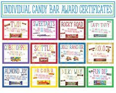 candy bar award certificates are shown in different colors and font options for each prize