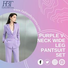 Elegant Purple V-Neck Wide Leg Pantsuit Set. Peak lapels; front button blazer V-Neck, Long sleeves; button cuffs. Structured shoulders. Ruffle waist Empire waist Polyester 92% Spandex 8% Imported Brand - Aision Model Number - 223158 Fitted V-neck Suits For Work, Elegant V-neck Sets For Workwear, V-neck Business Suits For Spring, Spring Office Suits With V-neck, Tailored V-neck Pantsuit For Formal Occasions, Fitted V-neck Pantsuit For Workwear, Spring Business Suit With V-neck, Fitted V-neck Office Suits, Tailored V-neck Office Suits