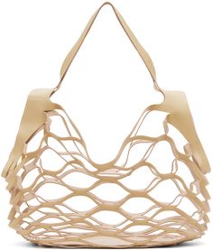 Grained leather mesh tote in beige. · Twin carry handles · Grained leather panel at base · Unlined · H13 x W12 x D6 Supplier color: Camel Beige Textured Leather Shoulder Bag For Shopping, Beige Textured Leather Satchel For Shopping, Beige Textured Leather Shopping Bag, Leather Panel, Leather Heels Sandals, Maryam Nassir Zadeh, Leather Block Heels, Tank Top Camisole, Mesh Design