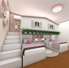 a room with two beds and some stairs