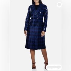 New With Tags. Add A Little Shimmer With This Sequined Plaid Print Midi Coat By Kathy Ireland. Made With Polyester, Acrylic, Rayon, And Cotton. This Coat Features Allover Sequined Fabric And A Bright Plaid Print. Finished With A Double Breasted Silhouette, Peak Lapel And Button Closures. Winter Sequined Outerwear, Blue Party Outerwear With Lapel Collar, Tailored Blue Outerwear For Party, Chic Blue Outerwear For Night Out, Blue Single Breasted Outerwear For Party, Blue Single-breasted Outerwear For Party, Blue Evening Outerwear For Fall, Sequined Fabric, Kathy Ireland