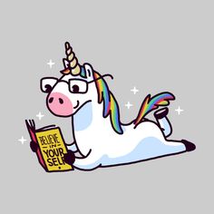 a cartoon unicorn reading a book while laying on its back with the caption believe your self