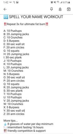 an image of a workout schedule with the words spell your name workout