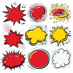 an assortment of comic style speech bubbles and stars in red, yellow, and blue