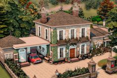 an artist's rendering of a house with cars parked in the driveway and trees surrounding it