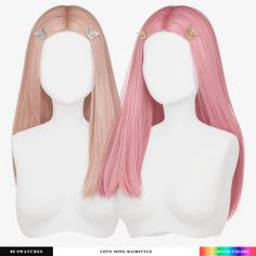 two wigs with pink and blonde hair on mannequin heads