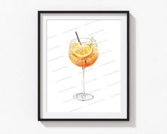 a watercolor painting of a drink in a glass with an orange slice on the rim