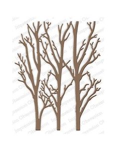 three trees with no leaves on them, one is brown and the other is white