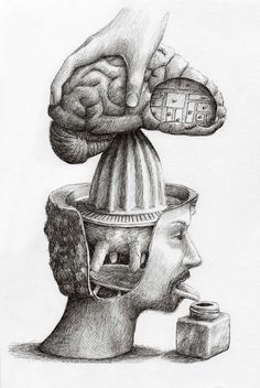 a drawing of a human head with a brain on top of it and the words,