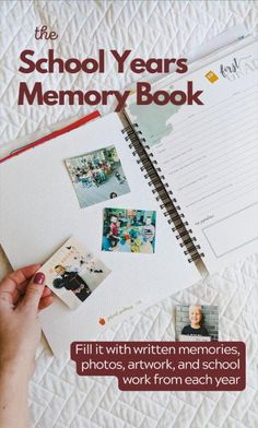 the school years memory book is open on top of a bed with papers and photos