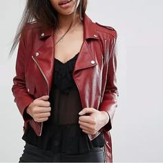 Asymmetric Zip Front Moto Jacket - Belted - Urban - Trendy - Elegant - Dark Red - Vegan Leather - Shoulder Epaulettes - Long Sleeves With Zipper Cuffs - Asymmetric Front Zip Closure - Adjustable Belt At Hem - Removable Belt - Front Zip Pockets - Notched Lapel Total Body Length: 22", Bust: 38" Approx. - Measured From Small Size - Shell: 96% Polyester, 4% Spandex - Coating: 100% Polyurethane Moto Jacket - Belted - Urban - Trendy - Elegant - Dark Red - Vegan Leather Red Moto Outerwear, Chic Fitted Burgundy Biker Jacket, Trendy Burgundy Biker Jacket With Long Sleeves, Red Moto Biker Jacket For Spring, Trendy Burgundy Long Sleeve Biker Jacket, Edgy Red Spring Outerwear, Red Biker Jacket For Work In Spring, Trendy Burgundy Leather Jacket For Spring, Spring Burgundy Biker Jacket