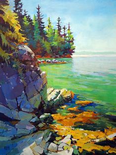 an oil painting of trees and rocks on the water's edge with blue sky in the background