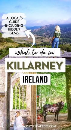 what to do in killarney ireland pin cover, with feature image of a blonde girl in jeans and green shirt looking towards lake and mountain views. second image of a black horse fastened to trap looking over its shoulder towards the camera, set against the backdrop of lush woodland and third image of same blonde girl in loose white dress, looking upwards at the ruins of impressive arch window in old muckross abbey. Ireland Killarney, Ireland Destinations, Travel Ireland, Ireland Trip, Travel Baby, Destination Ideas