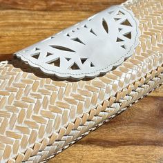 A Beautiful Clutch To Complement Any Outfit In Spring And Summer, This Adrienne Vittadini Creation Has A Stiff, Woven Body, Natural Tan With Light Wash Of White, White Leather Closure With Cut-Out Design That Secures With Magnet, Full Zipper Closure, And Interior Phone Pocket. New, Never Used. Handmade White Pouch Clutch, Handmade White Clutch For Daily Use, Handmade White Clutch For Everyday Use, Woven Clutch, Adrienne Vittadini, Natural Tan, Cut Out Design, White White, Clutch Purse