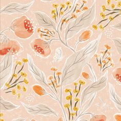 an illustration of flowers and leaves on a pink background