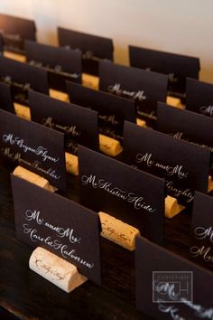 place cards are lined up on a table