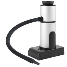 a black and white coffee pot on a stand with a hose attached to the top