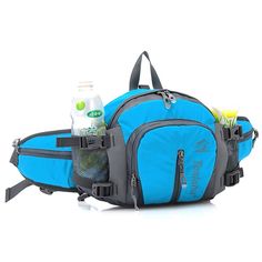 a blue and gray backpack with drinks in it's back pocket on a white background