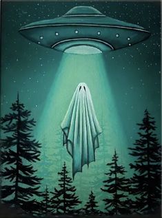 an alien ship flying through the night sky over pine trees with a light shining on it