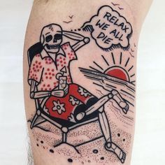 a tattoo with a skeleton playing the drums