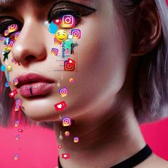 a woman's face is covered with colorful images and dots on her face, as if she was using social media