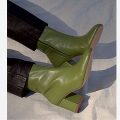 Intentionally Blank 'Janetta' Boot In Cactus Green Leather. This Classic Boot Will Pair Well With All Of Your Fall Looks. Leather Upper. Rounded Square Toe. In Gently Worn Condition With Some Scuffing On The Toes And Sole (See Photos!) Trendy Leather Heels With Almond Toe, Trendy Green Fall Boots, Green Casual Pointed Toe Heels, Casual Green Pointed Toe Heels, Green Pointed Toe Casual Heels, Casual Heels With Contrasting Heel Counter For Fall, Modern Closed Toe Spring Boots, Green Heels For Workwear, Casual Ankle-high Boots With Sculpted Heel