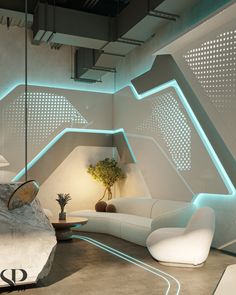 a living room filled with white furniture and lots of lights on the ceiling above it