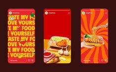 three mobile phone screens with food on them