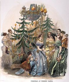 an old fashion christmas card with women dressed in evening dresses and children around a tree