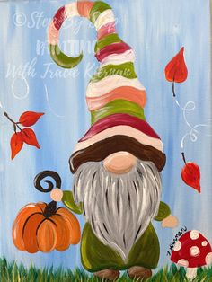 an acrylic painting of a gnome with pumpkins and mushrooms in the grass