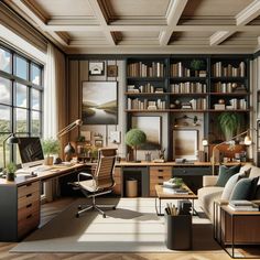 an office with lots of bookshelves, desks and couches in it