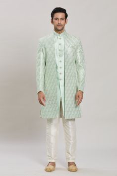 Pista green sherwani jacket with diamond pattern and sequin embroidery. Paired with an inner kurta and aligadhi pant. - Aza Fashions Green Bollywood Sherwani With Long Sleeves, Bollywood Style Green Traditional Formal Wear, Green Bollywood Traditional Wear For Formal Occasions, Green Bollywood Style Sherwani, Green Bollywood Sherwani For Designer Wear, Green Nehru Jacket With Zari Work For Reception, Pista Green Sherwani With Chikankari Embroidery For Formal Occasions, Formal Pista Green Sherwani With Chikankari Embroidery, Designer Green Sherwani With Chikankari Embroidery