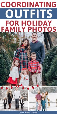 family photos with text overlay that reads, coordinating outfits for holiday photos