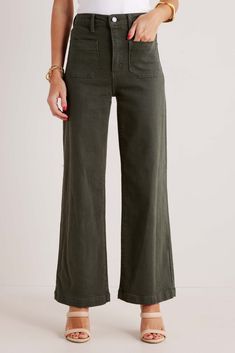 Kimberly Jeans- Dark Olive Trendy Cropped Jeans For Work, Casual Cropped Wide Leg Pants For Fall, Wide-leg Cotton Cropped Jeans For Fall, Casual Cropped Wide Leg Pants With Pockets, Cotton Wide Leg Cropped Jeans For Fall, Fall Wide Leg Cotton Flare Jeans, Chic Cropped Wide-leg Jeans For Fall, Chic Wide-leg Cropped Jeans For Fall, Chic Fall Cropped Wide-leg Jeans