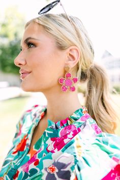 How cute are these beaded beauties?! We love that flower shape and that vibrant hue is so pretty! They are going to look great this spring and summer! Flower Decoration Drop Earrings For Summer, Colorful Beaded Jewelry For Spring Beach Occasions, Spring Beach Jewelry With Colorful Beads, Colorful Beaded Jewelry For Beach In Spring, Beach Jewelry Spring Drop Earrings, Spring Flower Earrings For Parties, Bohemian Spring Earrings For Vacation, Flower-shaped Earrings For Summer Parties, Summer Party Flower Earrings With Floral Decoration