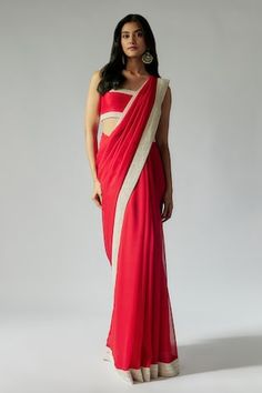 Red saree with an ivory embroidered border. Paired with a padded embroidered blouse. - Aza Fashions Border Saree, Embroidered Border, Red Saree, Red Sequin, Saree With Blouse, Embroidered Blouse, Aza Fashion, Blouses For Women, Sequin