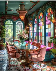 a dining room with stained glass windows and pink chairs in front of a table surrounded by potted plants