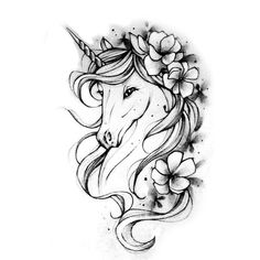 a black and white drawing of a unicorn with flowers on its head