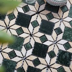 a vase sitting on top of a green and white tile floor next to a plant