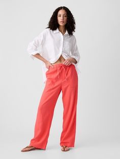 Linen-Blend Wide-Leg Pull-On Pants Linen Cargo Bottoms For Loungewear, Linen Cargo Pants With Pockets For Loungewear, Linen Cargo Pants With Elastic Waistband For Loungewear, Casual Drawstring Pants For Spring, Casual Linen Cargo Pants For Work, Summer Loungewear Pants With Patch Pockets, Casual Linen Pants With Patch Pockets, Utility Pockets, Summer 24