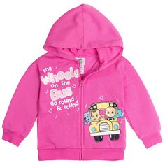 Your child's favorite hoodie featuring J.J. on his iconic school bus and the words "the wheels on the bus go round and round" and Features a talking chip sewed behind the yellow school bus that plays the song "the wheels on the bus go round and round" Size: 12 months. Color: pink. Gender: female. Age Group: infant. Pattern: Fictitious Character. Material: Polyester. Cocomelon Jj, Traditional Nursery Rhymes, Winter Essentials Clothes, Zip Up Hoodie Pink, Boys Fleece, Girls Fleece, Toddler Hoodie, Clothing Essentials, Pink Hoodie