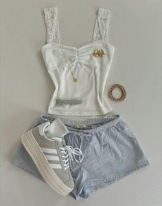 Girly Summer Outfits Shorts, Cloth Ideas, Shorts Coquette Outfit, Coquette Outfits With Shorts, Stolkholm Style Outfits, Summer Stockholm Style, Wag Outfits, Paris Outfit Ideas Summer, Couqutte Summer Outfits