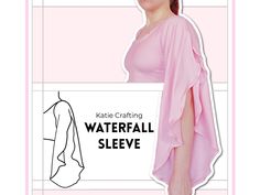 a woman wearing a pink top and skirt with the words kate crafting waterfall sleeve