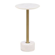 a white marble table with a gold metal base and a round pedestal on the top