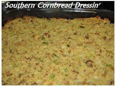 a casserole dish is shown with the words southern cornbread dressing on it