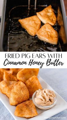 fried pears with cinnamon honey butter on a white plate and in a black pan