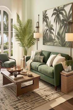 a living room filled with green furniture and large painting on the wall above it's windows