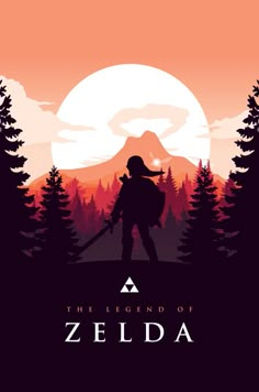 the legend of zelda poster is shown in front of a sunset with trees and mountains